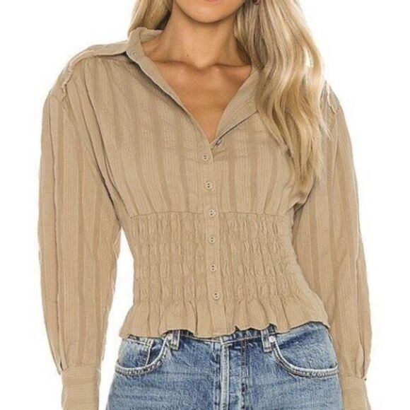 Free‎ People Tammy Button down Tan Size XS Crinkle Smocked Top Collared - Picture 2 of 11